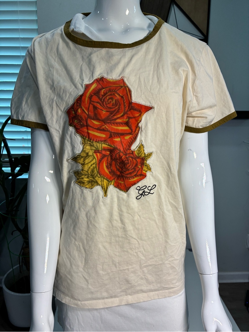 Women's Cream Short Sleeve Tee with Orange Rose Graphic